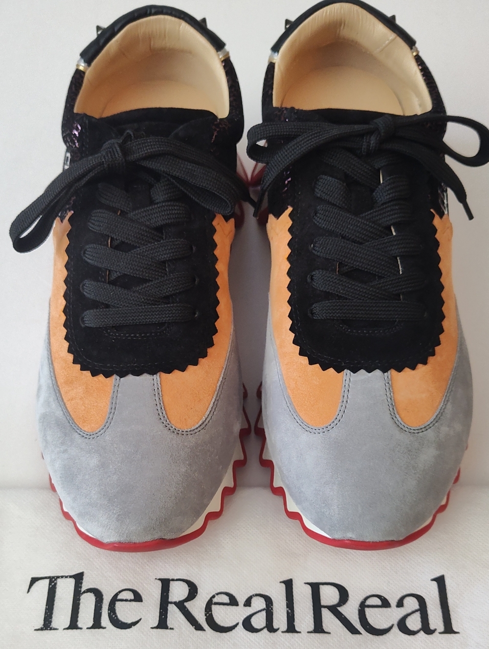 CHRISTIAN LOUBOUTIN "Loubishark" Grey Orange Black Suede Sneaker Size 43.5 US 10